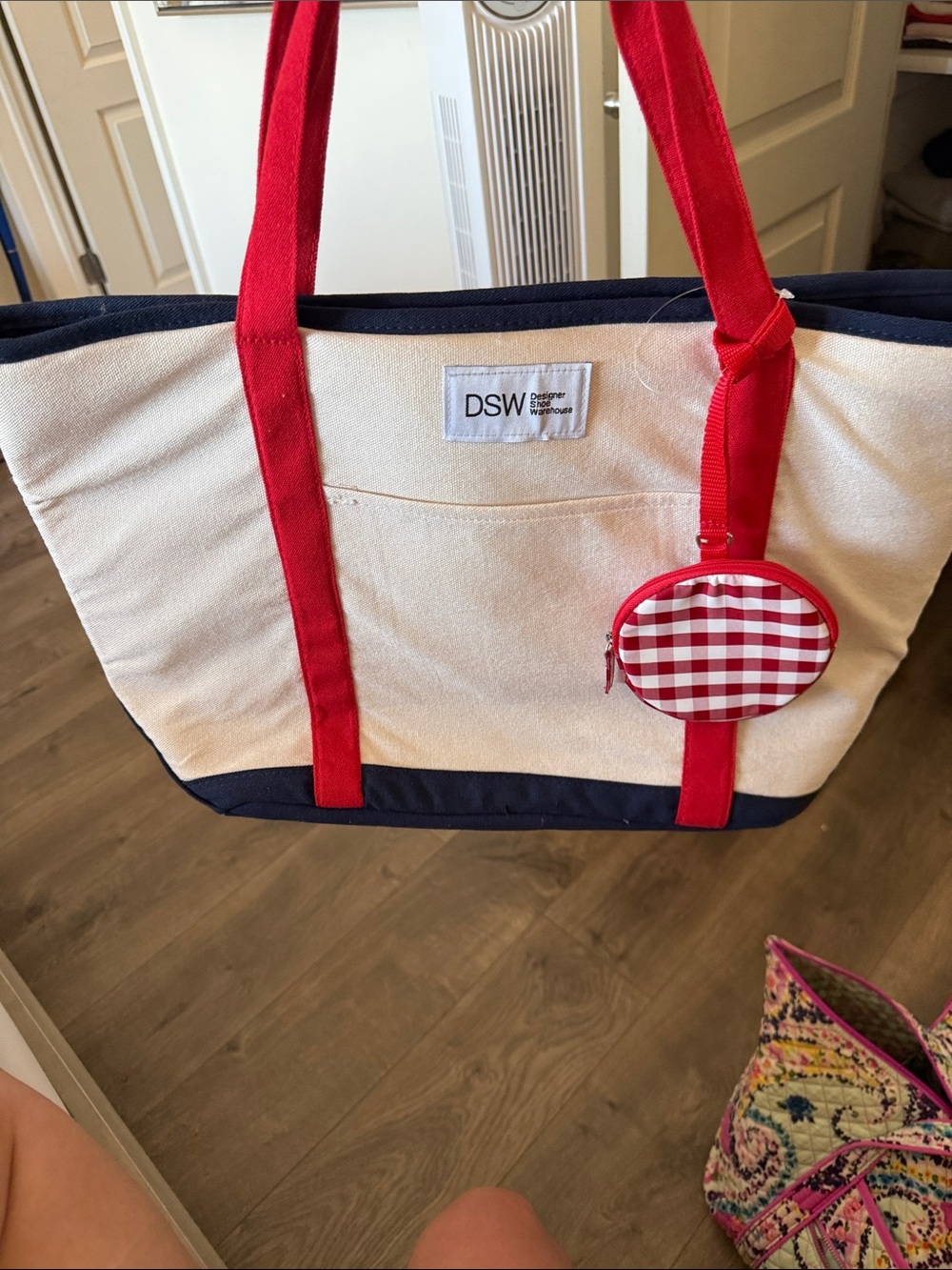 DSW Cream Canvas Tote with Red Straps and Navy Trim
